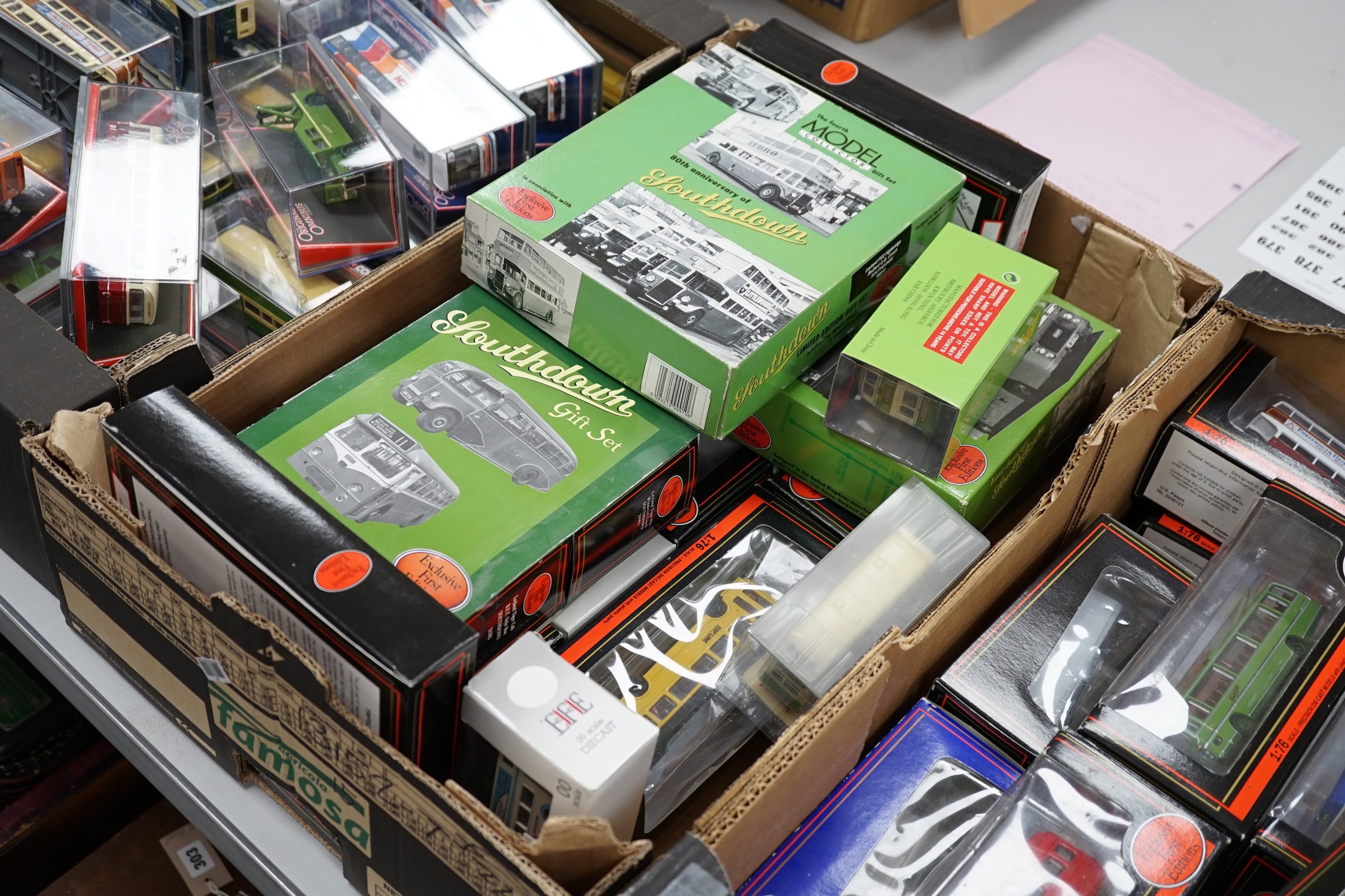 Thirty-two boxed EFE diecast buses, coaches, gift sets, etc. and one Britbus, operators including; East Kent, green line, Hants and Dorset, Southdown, National express, etc.